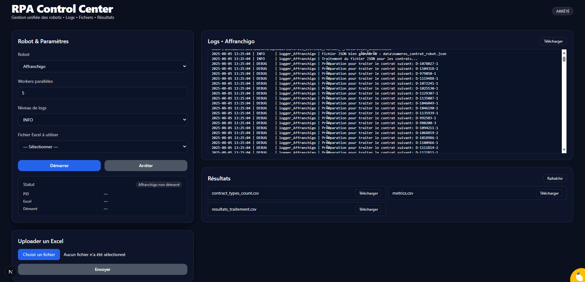 Interface RPA Control Center avec paramètres, logs temps réel et résultats téléchargeables